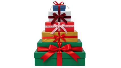 A stack of colorful gift boxes with red ribbons on a white background viewed from the front.