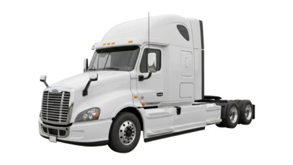 Large white semi-truck with grill and headlights on road with no trailer attached on highway