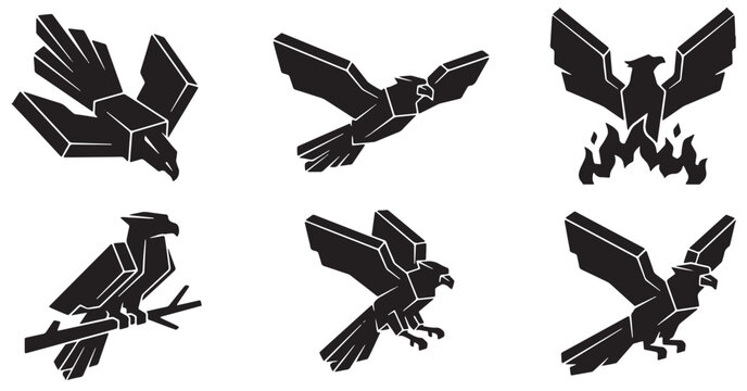 Collection of stylized black eagle or phoenix icons in various poses, representing power and freedom.
