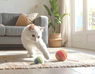 Fluffy white cat in a sunny living room, playing with yarn balls