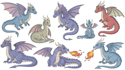 Cute Fantasy Dragon Collection Vector Illustration
