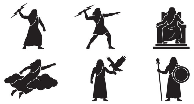 Collection of six silhouette illustrations depicting Zeus, the king of the gods in Greek mythology, in various poses and with his attributes.