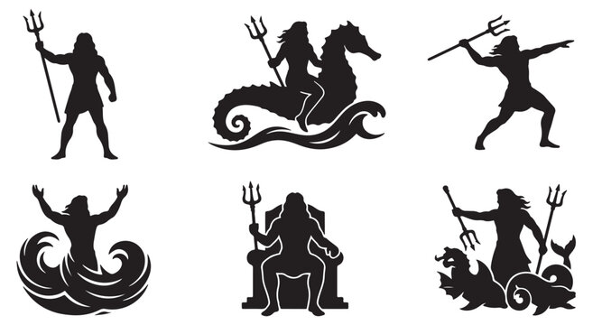 Collection of mythological figures, gods, and creatures associated with the sea, depicted in silhouette.