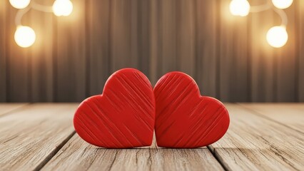 Two red heart shapes on wooden table with warm string lights