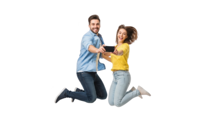 Man and woman jumping and holding tablet while smiling on white background
