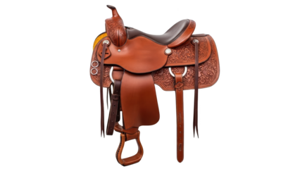 A high-quality brown leather saddle with intricate designs on a white background is showcased from the side.