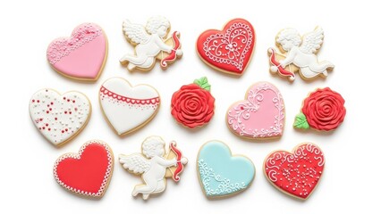 Beautifully decorated heart shaped cookies and roses for Valentine's Day