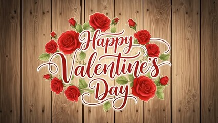 Happy Valentine's Day with beautiful roses on wooden background