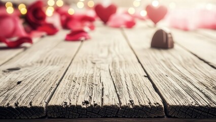 Romantic Valentine's Day setup with chocolate and roses on wooden table