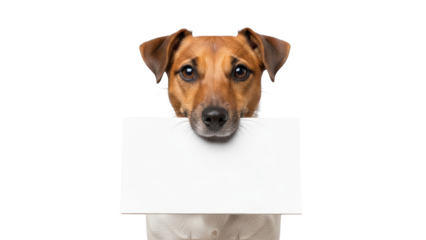 A dog holding a blank sign looks directly at the camera with a curious expression in a studio setting.