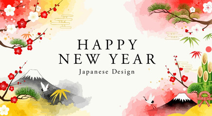 和風お正月デザイン背景｜富士山・鶴・門松・梅・新年