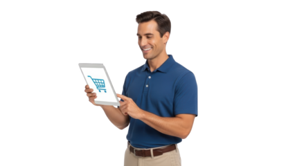 Man happily holding digital tablet with shopping cart icon on screen in a studio setting