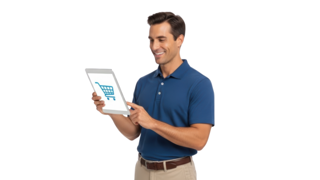 Man happily holding digital tablet with shopping cart icon on screen in a studio setting - Powered by Adobe