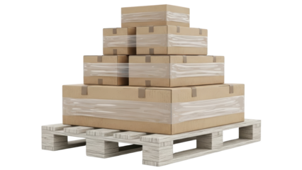 Stacked cardboard boxes wrapped in plastic on a wooden pallet viewed from the side.