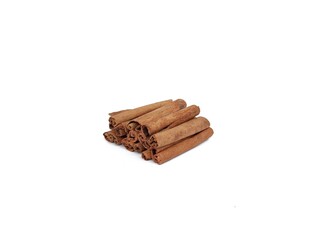 Pile of dry cinnamon sticks isolated on white background. High angle view 