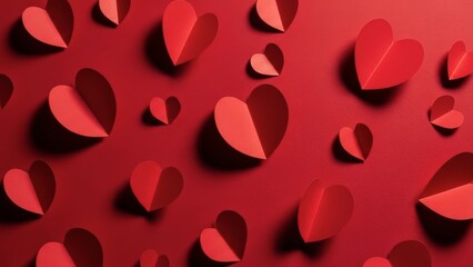 Vibrant red paper hearts scattered on a matching background
