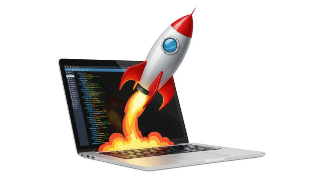 A silver laptop displays a rocket launching from its screen with coding on the side, symbolizing software development and innovation.