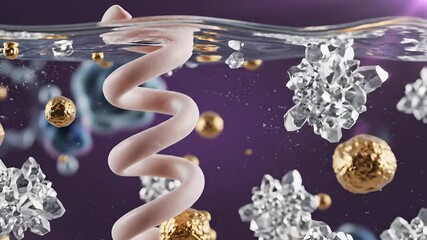 Dynamic microscopic view of a helical molecular structure interacting with diverse nanoparticles and crystalline elements in a fluid environment symbolizing advanced scientific research biotechnology. - Powered by Adobe