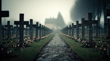 Obraz premium A serene cemetery path lined with stone crosses and blooming flowers, enveloped in a mysterious fog, creating a reflective atmosphere.