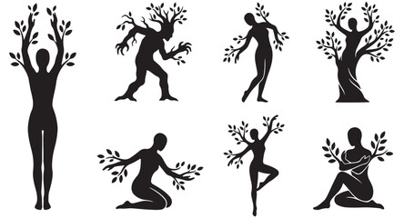 Fototapeta premium Set of stylized silhouettes of human figures transforming into trees and plants, symbolizing nature and growth.