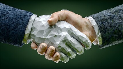 A handshake between a human hand and a low poly polygonal geometric hand symbolizes collaboration and partnership in the digital age world.
