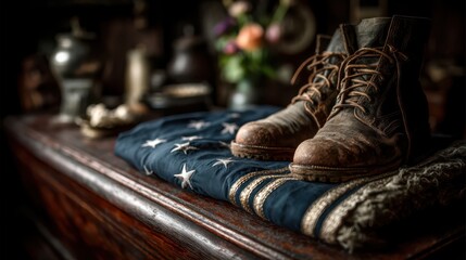 Vintage leather boots rest on a folded flag, surrounded by other rustic items, evoking a sense of nostalgia and history.