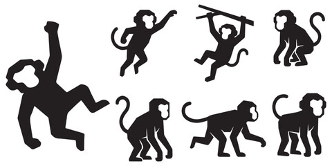 Collection of seven black silhouette monkey icons in various playful poses, isolated on a white background. © Riki