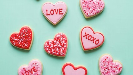 Valentine's Day heart shaped cookies with love and xoxo messages