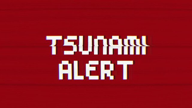 Retro Pixelated Tsunami Alert Flashing on a Glitchy Vintage Screen. Ideal for emergency broadcasts, vintage themes, news intros, or dramatic tension in video projects.
