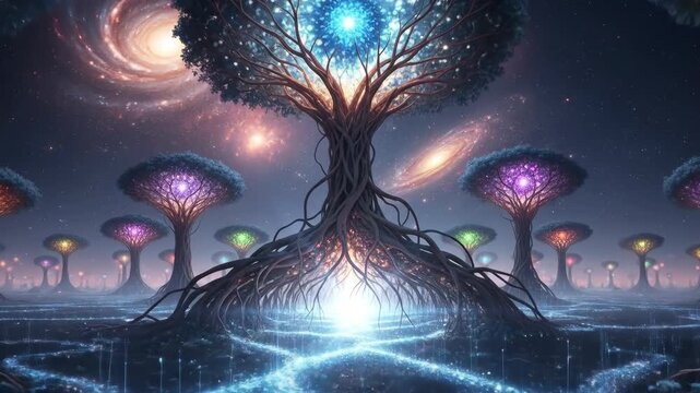 A mystical landscape showcases vibrant trees with luminous canopies, rooted in a shimmering surface, set against a cosmic backdrop of swirling galaxies