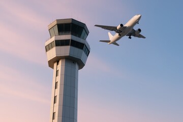 Skybound Ascent: An airliner takes flight as it soars past an air traffic control tower, set against a vast and vibrant sky. Capturing the interplay of technology and aviation