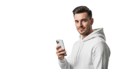 A young man in a white hoodie holds a smartphone and smiles while looking at the camera directly.