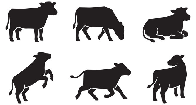 Collection of six black cow silhouettes in various poses on a white background.