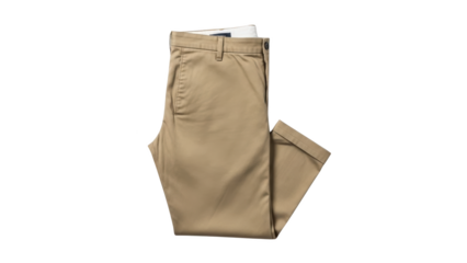 A pair of neatly folded tan khaki pants on a plain white background for lifestyle and fashion.