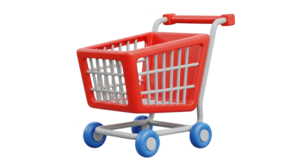 A red shopping cart with blue wheels viewed from the side on a white background