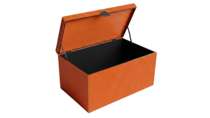 An open orange storage box with a hinged lid on a plain background for organization