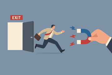 Incentive and welfare program for employee retention, building staffs loyalty reduce resignation rate for important talent, boss holding magnet to pull back resigned or leaving employee.
