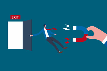 Incentive and welfare program for employee retention, building staffs loyalty reduce resignation rate for important talent, boss holding magnet to pull back resigned or leaving employee.