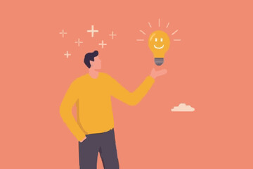 Positive thinking, optimistic mindset or good attitude to success in work, always get idea to solve any problems concept, happy businessman holding smiling lightbulb idea with positive vibes around.