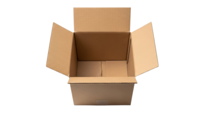 An open empty cardboard box viewed from above on a white background, awaiting packaging or shipping.