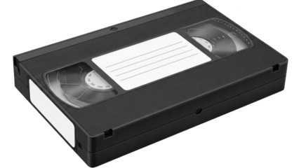 A black VHS tape with a blank label is displayed on a white background, viewed from above, showcasing its textured surface and reels.