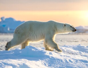 Large white polar bear walking on ice in an arctic landscape