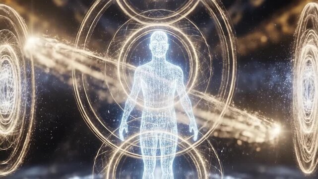 Glowing human figure surrounded by energy rings in space, used for science visualization