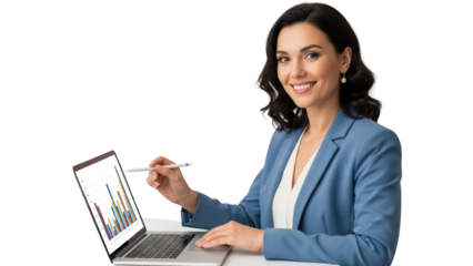 Businesswoman analyzing data on laptop smiling