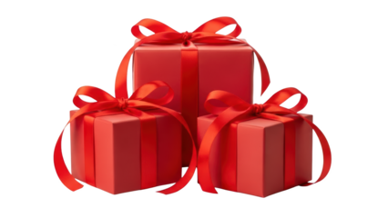 Three elegantly wrapped red gift boxes with bows on a white surface viewed from slightly above.