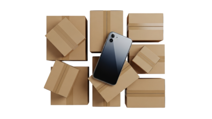 A smartphone lies on top of several brown cardboard boxes arranged neatly.
