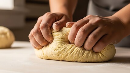 Hands knead fresh dough on a light surface, cooking preparations