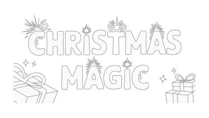 Christmas Magic: A festive design spells out Christmas Magic, adorned with celebratory elements such as gifts and shimmering stars, set against a backdrop.