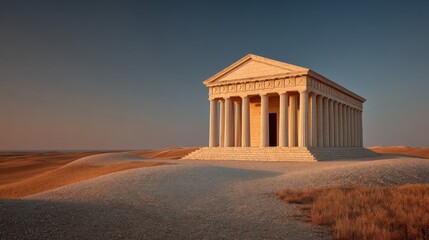 Naklejka premium A solitary ancient temple stands on a sandy landscape, illuminated by warm light, showcasing classical architecture against a serene sky.