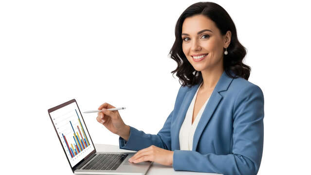 Businesswoman analyzing data on laptop smiling
